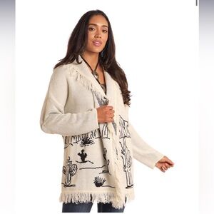 Panhandle Fringed Desert Cardigan, cream off white tan black